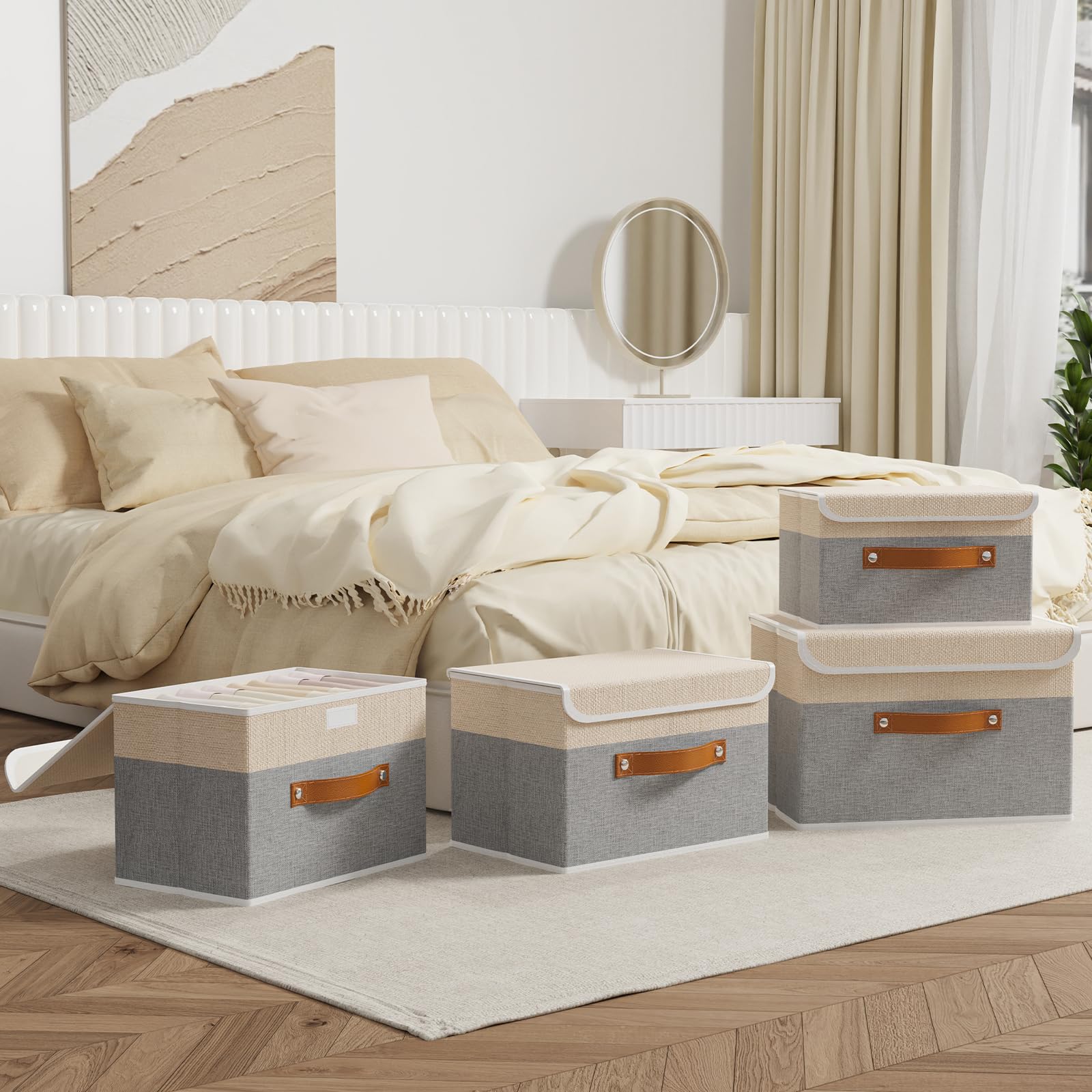 OUTBROS 3 Set Scatole Portaoggetti, 45x30x30cm Cesto, Grigio/Beige | Scatole per Armadio in Tessuto con Coperchio Antipolvere, Contenitori Salvaspazio Pieghevoli per Vestiti Camera da Letto