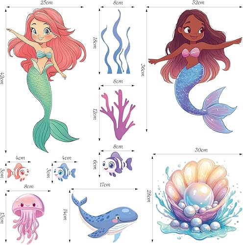 Miniatura 5 de SHUCHING Adhesivo de pared de sirena bajo el mar, despegar y pegar, calcomanía de pared de peces de océano, decoración de pared para niñas,