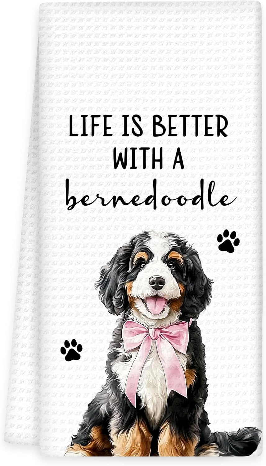Bernedoodle Gifts Dog Kitchen Towels, Pink Bow Dog Hand Towels, Better with A Bernedoodle Dish Tea Towel for Kitchen Decorative, BernedoodleGift for Dogs Owners Bathroom Decor, 16x24In