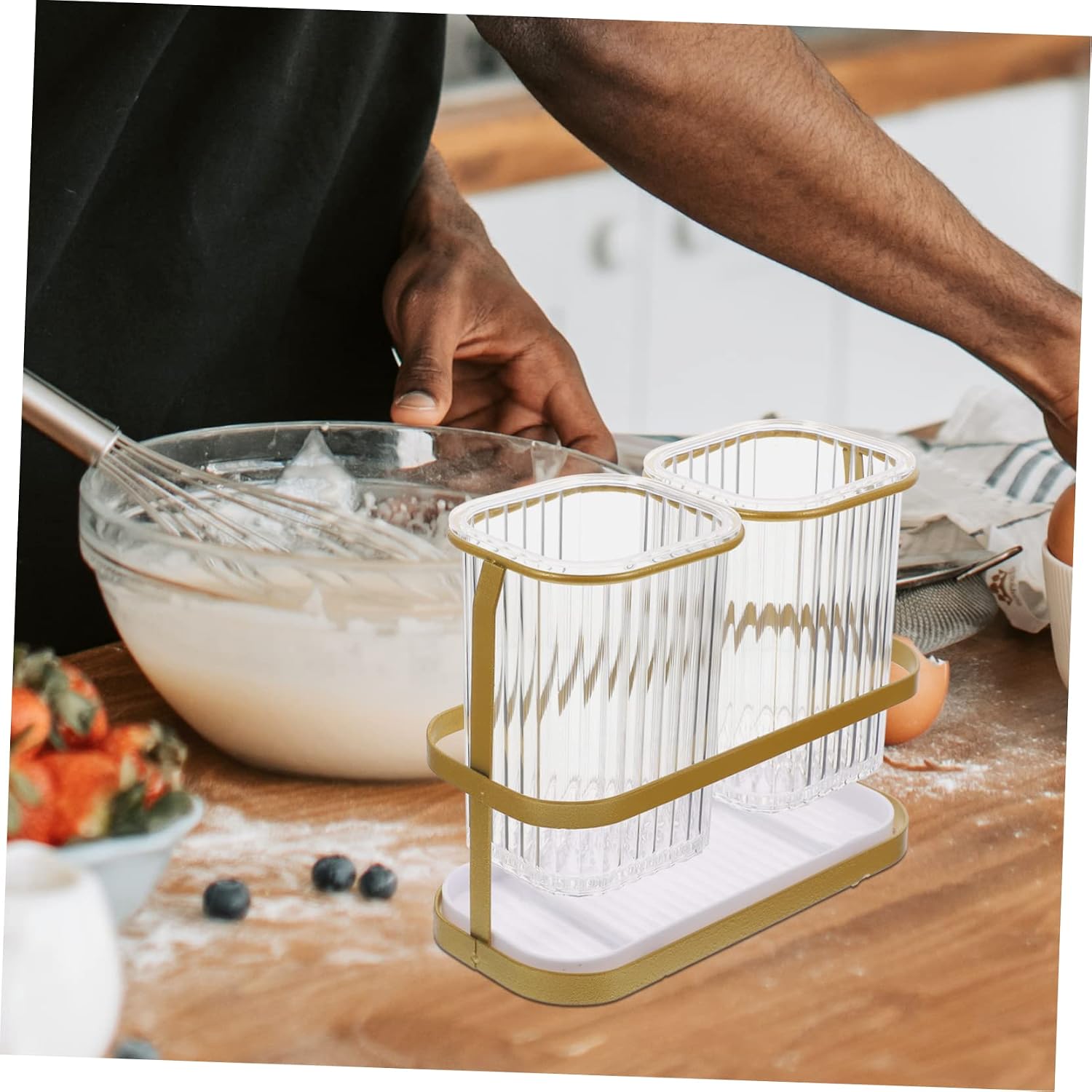 Metallic Wall Mount Cutlery Holder with Drain Tray for Countertop Kitchen