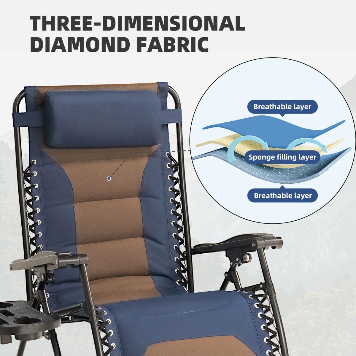 Zero Gravity Chair Oversized Padded Recliner with Adjustable Headrest & Cup Holder - 600D Oxford Folding Lounge Chair for Outdoor Camping, Patio, Poolside (Brown & Blue)
