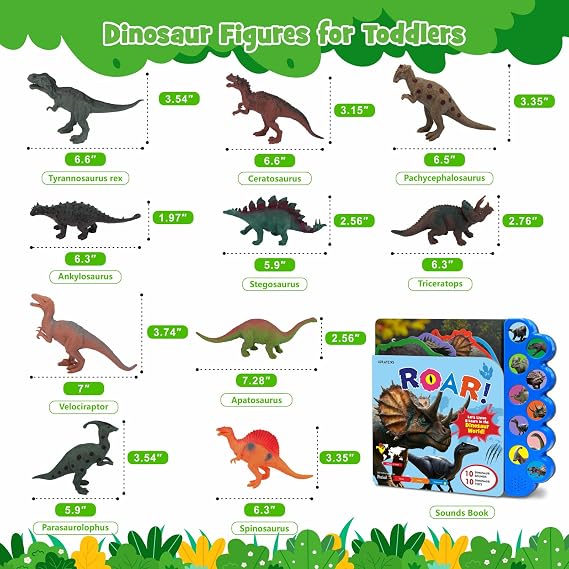 iGRATENS Dinosaur Toys with Sounds Book, Realistic Plastic Animal Figures