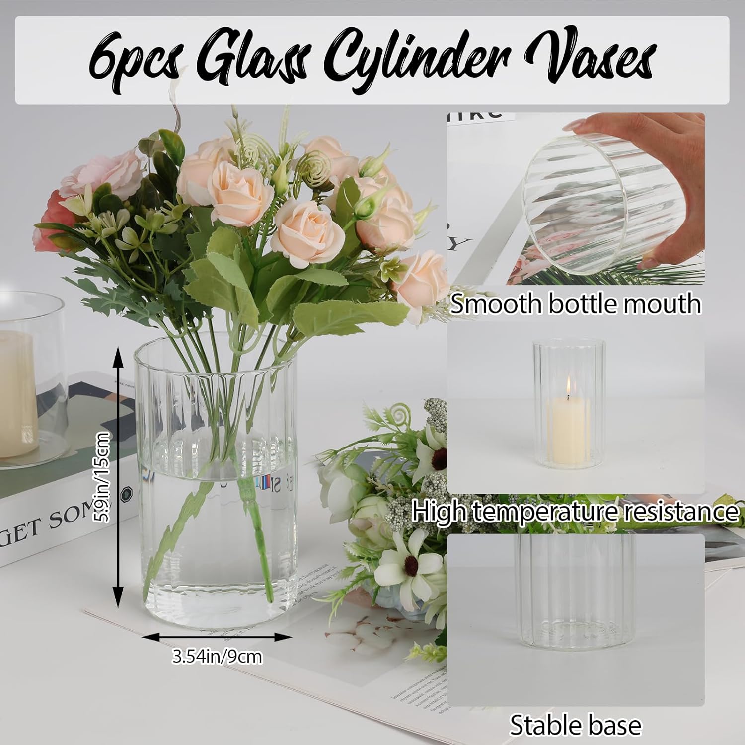 6pcs Glass Cylinder Vases for Centerpieces, 6 Inch Tall Clear Ribbed Vases Bulk for Wedding Glass Floating Candle Holder for Dinner Table, Fireplace, Party, Home Decor