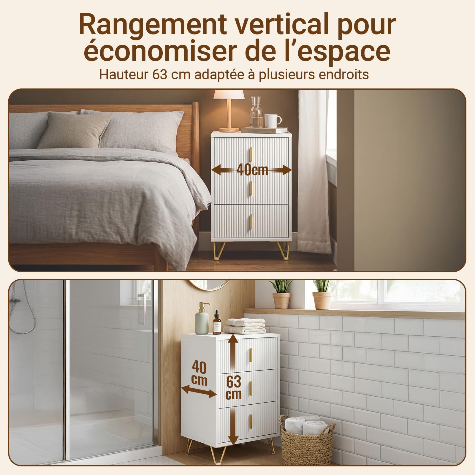 SoBuy Lot de 2 Tables de Chevet avec 3 tiroirs 40x40x63 cm | Hauteur ergonomique 63 cm, charge 33 kg, table de nuit gain de place Blanc FBT115-L-Wx2