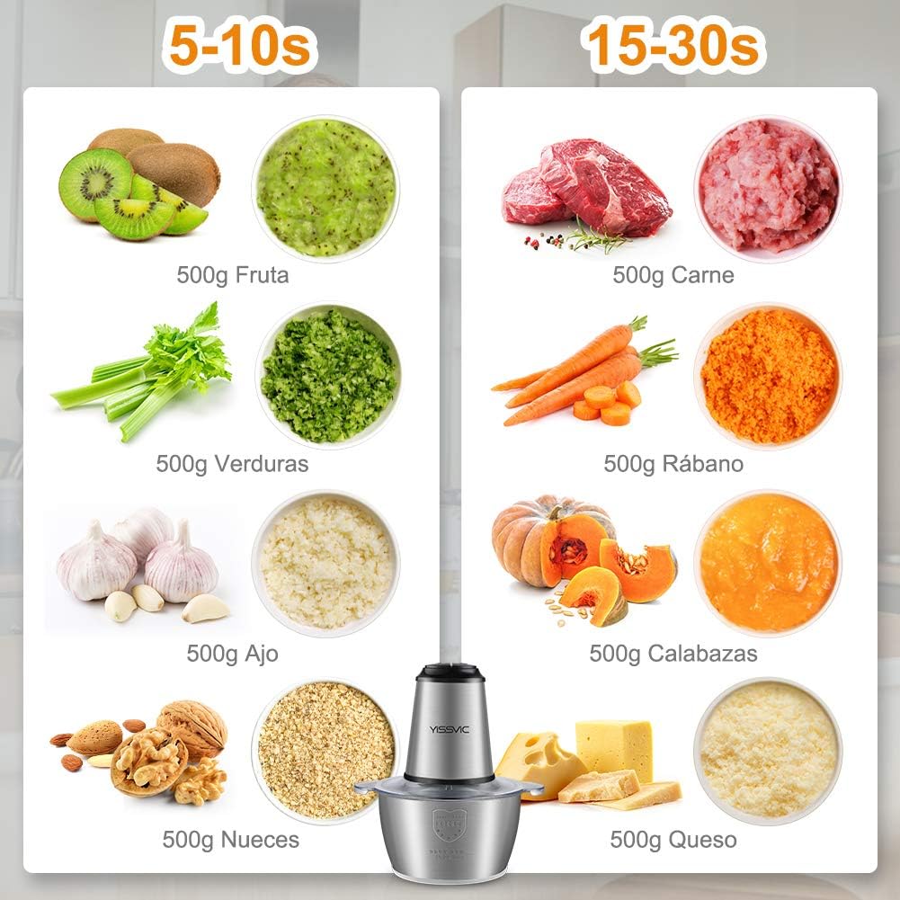Chart showing processing times for various foods: 5-10 seconds for fruit, vegetables, garlic, nuts; 15-30 seconds for meat, radish, pumpkin, cheese.