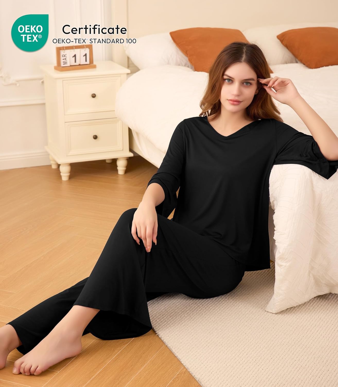 NACHILA Women's Pajamas Set 3/4 Sleeves Pjs V Neck Sleepwear Soft Loungewear with Wide Leg Pants, Viscose Made from Bamboo - Image 2