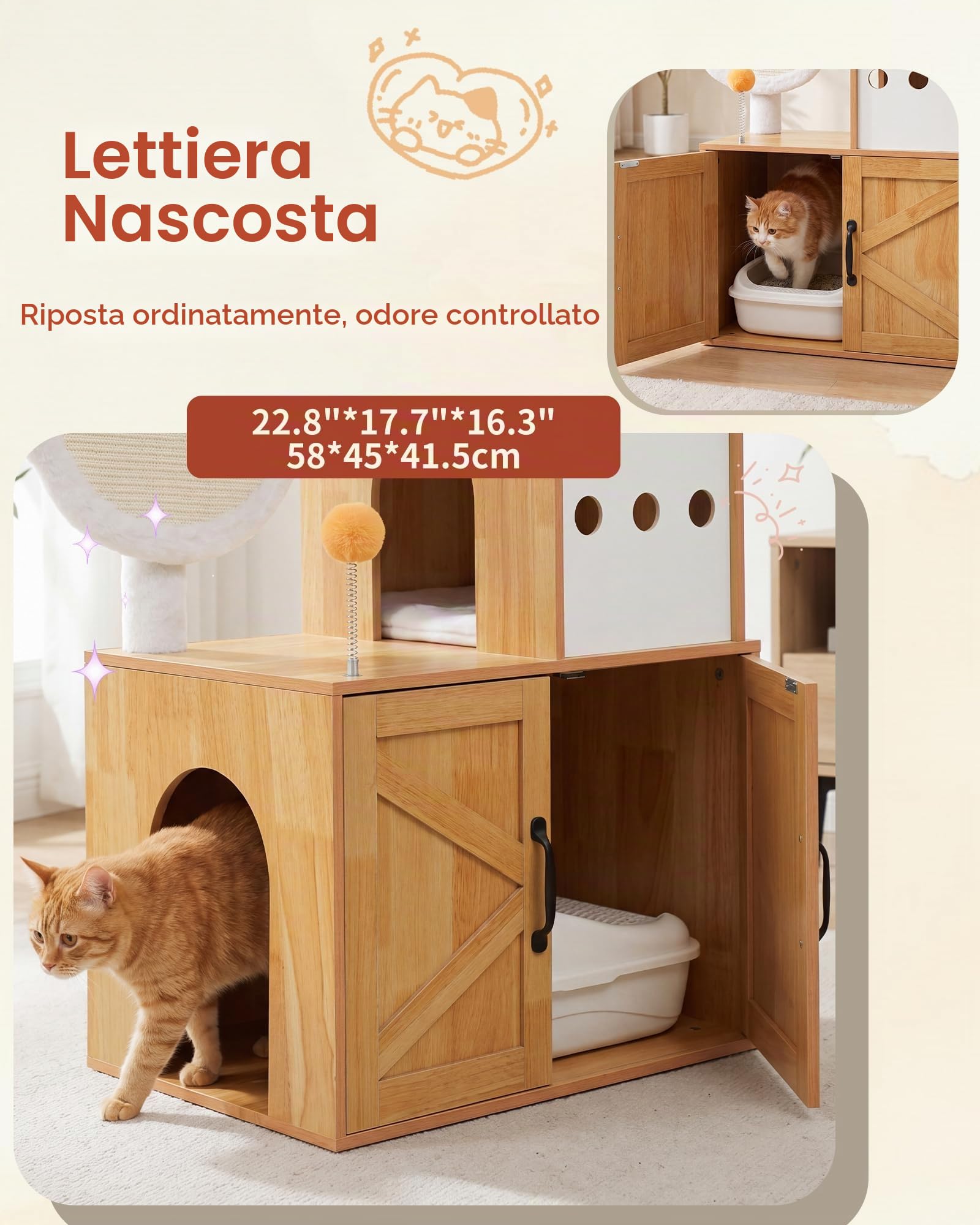 Heybly Tiragraffi con Mobile Lettiera 162cm Legno Massello Moderno HCT105WB
