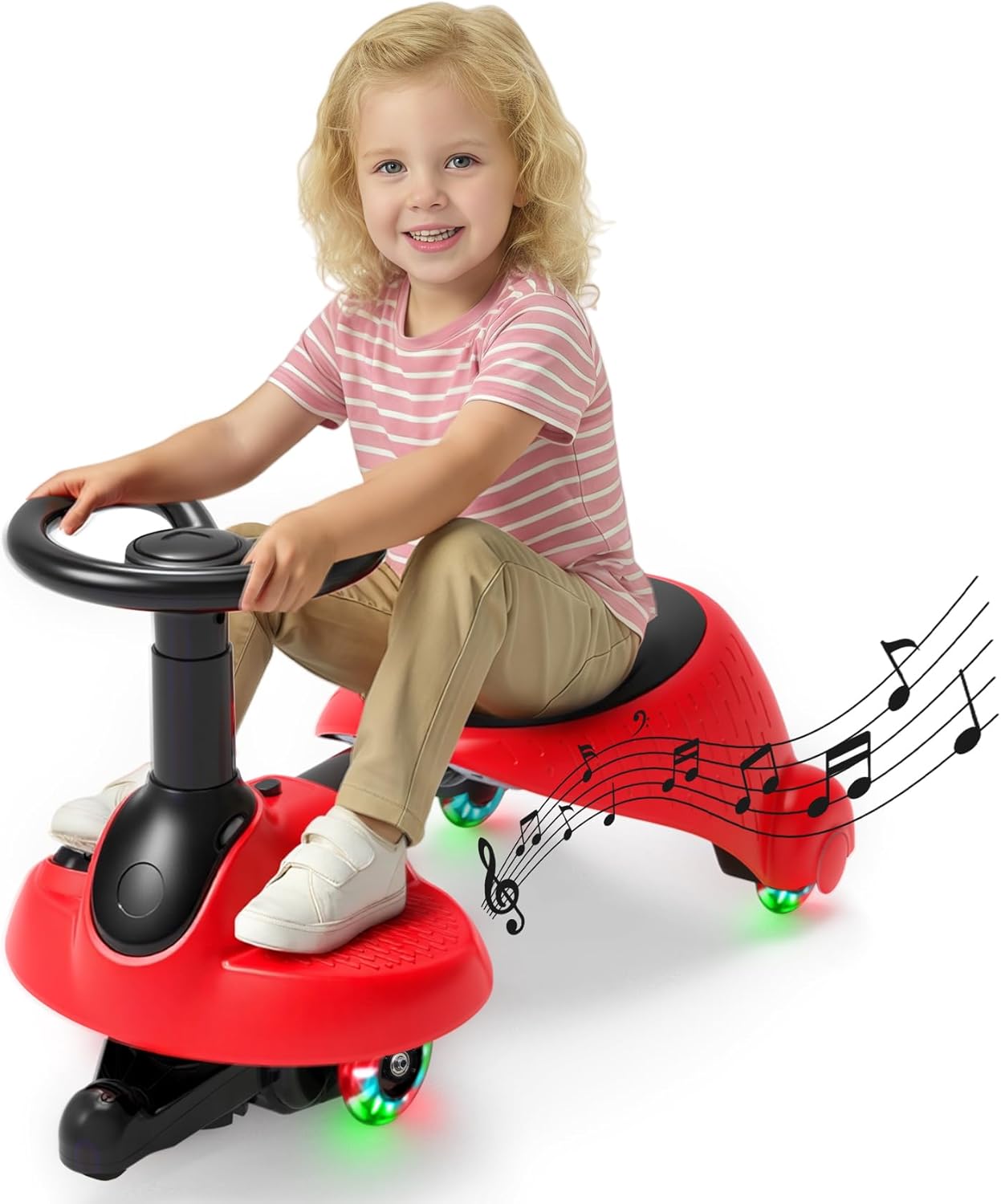 Electric Wiggle Car for Kids,6V Wiggle Car with LED Flashing Wheels & Music Speaker, Ride on Toys with Anti-Rollover & Flexible Steering, Adjustable-Length Car for Ages 3 and Up 66 LBS(Red-Black)