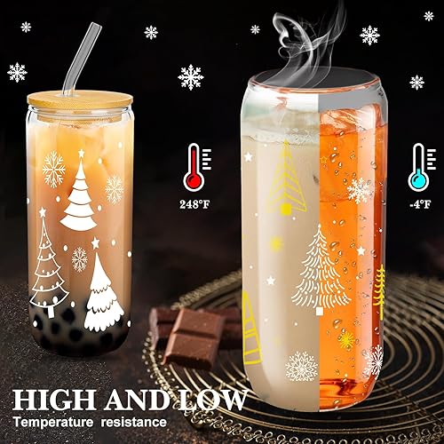 Miniatura 3 de meekoo 12 vasos de cristal de Navidad de 16 onzas con forma de lata de Navidad con tapas y pajitas, taza de café helado, tazas de Navidad para