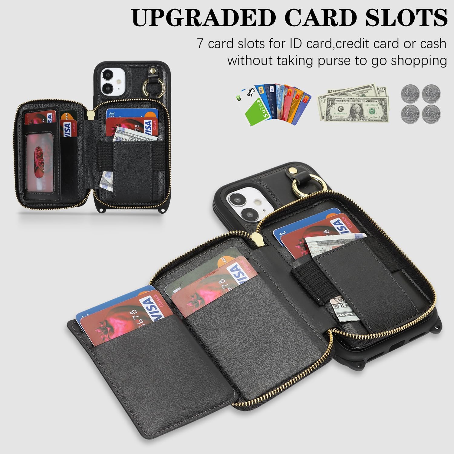 Cavor for iPhone 11 Wallet Case with Card Holder for Women Men, for iPhone 11 Case with Strap, Crossbody Lanyard Phone Case, Magnetic Detachable Compatible with Magsafe-Black