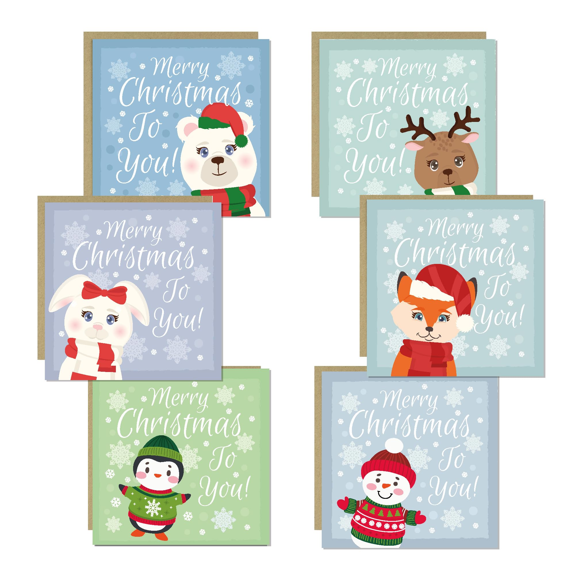 RED OCEAN Christmas Cards Multipack of 6 For Kids Children Cute Characters 145x145mm With Kraft Envelopes Xmas Cards For School Teachers Friends Family