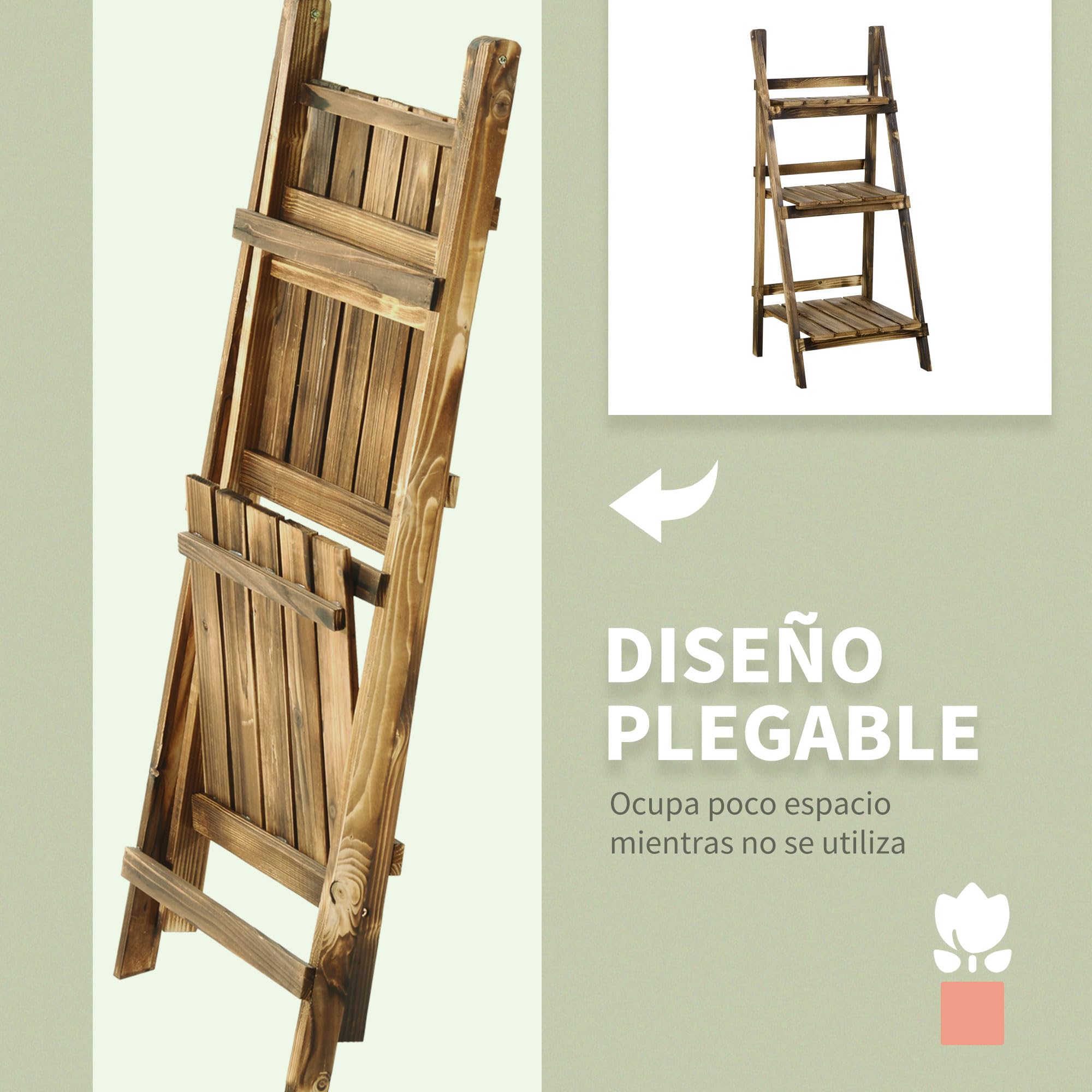 Outsunny Soporte para Plantas de Madera de 3 Niveles, Estantería para Plantas Plegable con Base de Listones, Soporte para Macetas para Interior y Exterior, Terraza, Jardín, 40x37x93 cm, Carbonizado