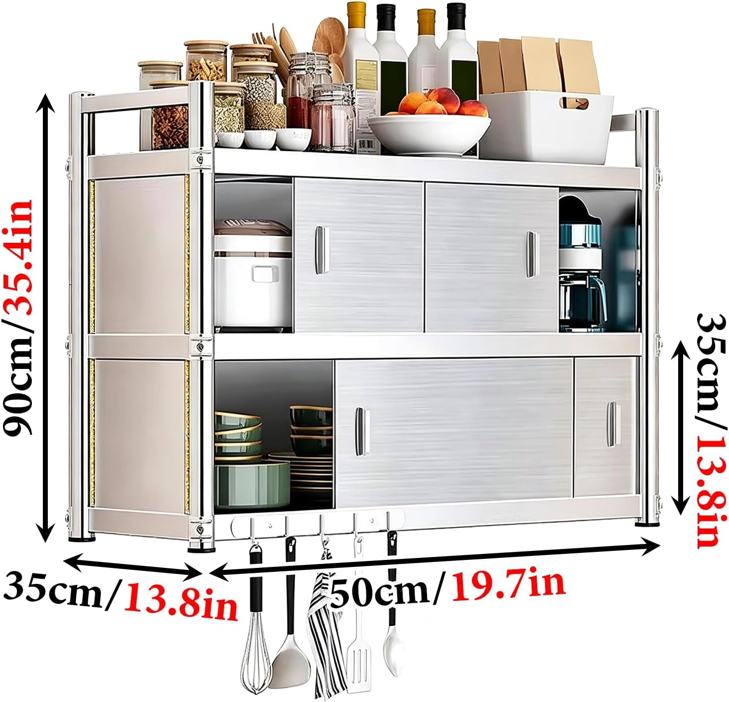 Stainless Steel Wall-Mounted Kitchen Storage Cabinet with Sliding Doors, Space-Saving Metal Garage Organizer for Bathroom, Balcony & Garden (50x35x90cm)