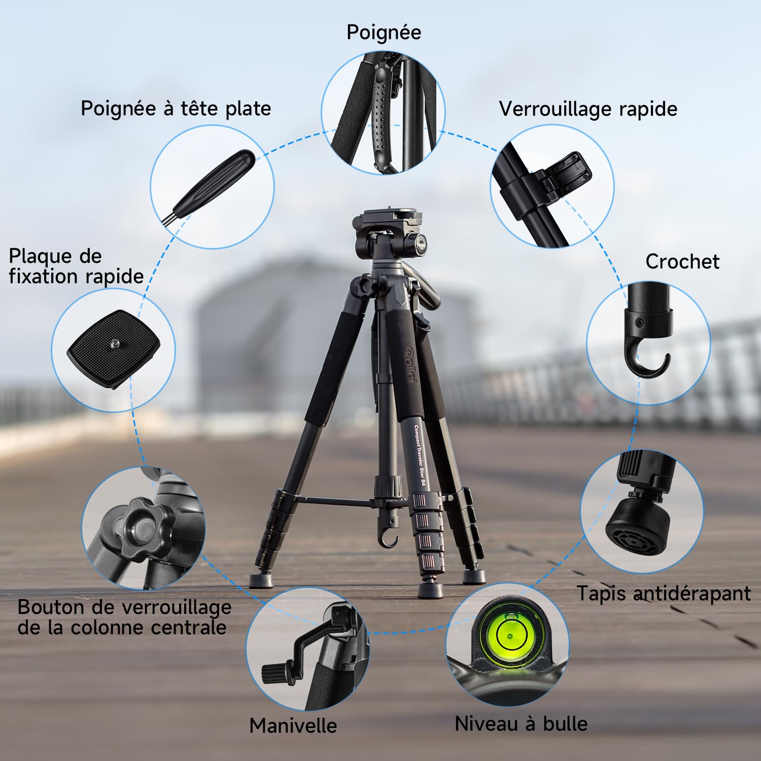 Rollei Trepied Appareil Photo 188cm Compact Traveler Star S4 en Aluminium