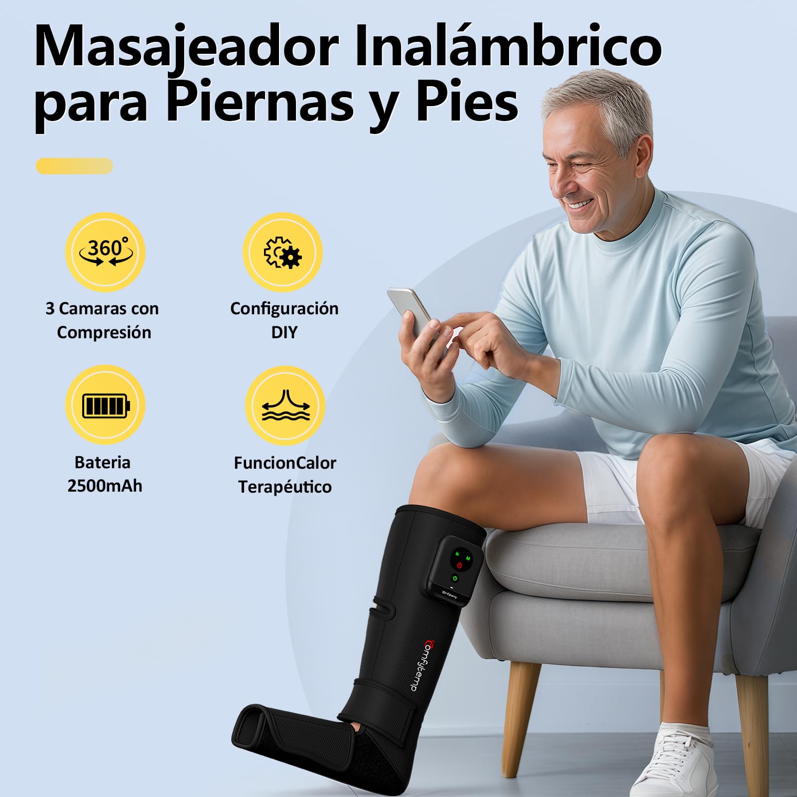Comfytemp Masajeador de Pies y Piernas Inalámbrico, Masaje de Compresión | Batería 2500mAh, Presoterapia Piernas, Masaje Personalizable para Tobillos, Plantas y Empeines, Adecuado para Papá y Mamá