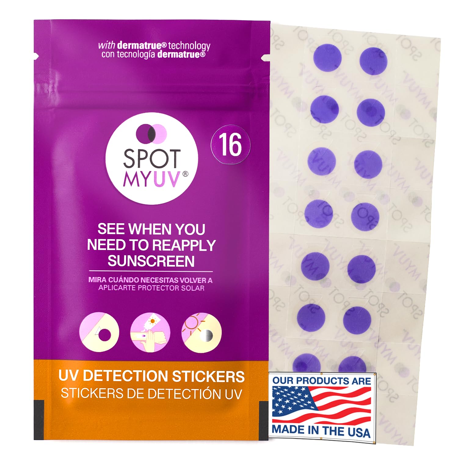SpotMyUV UV Detection Stickers for Sunscreen with Patented Dermatrue SPF Sensing Technology, Know When to Reapply Sunscreen to Help Prevent Sunburn, 16 Count