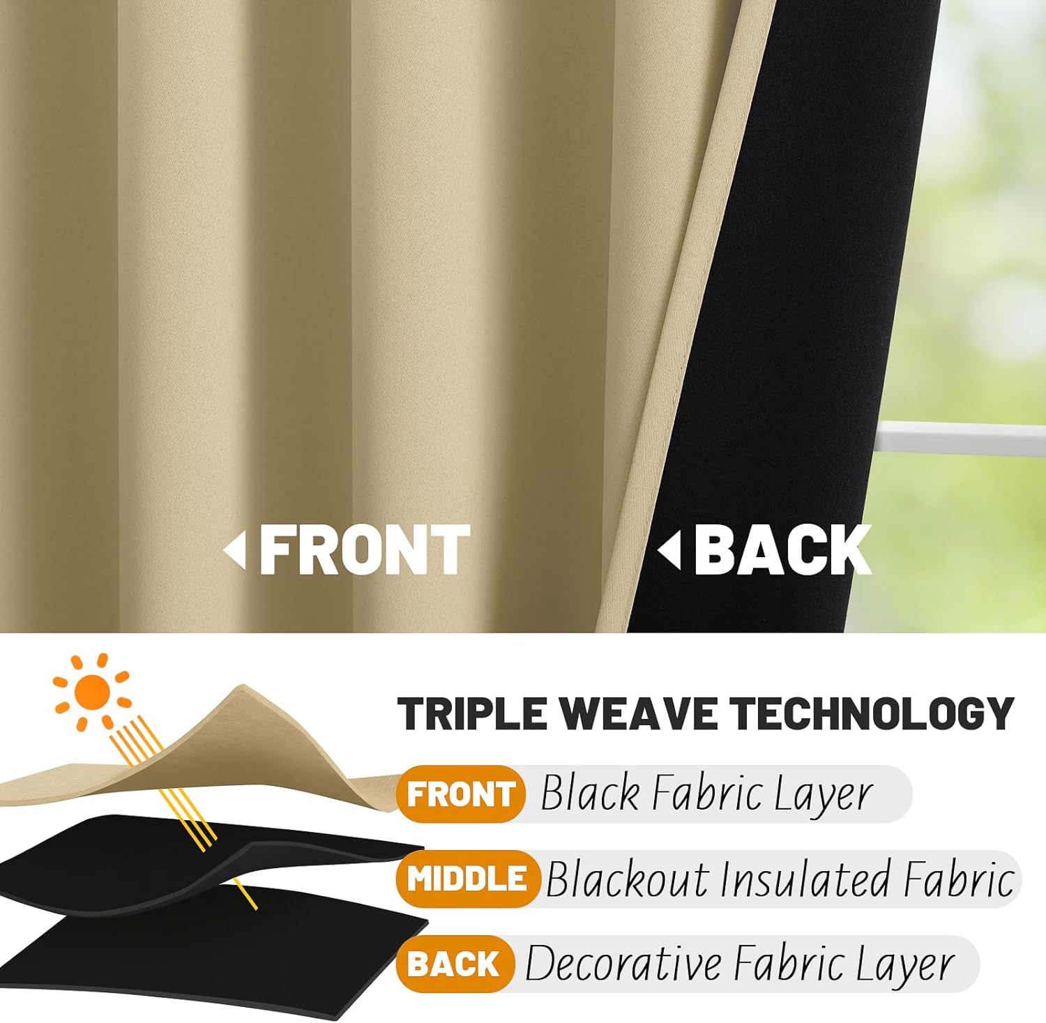 SimpleHome 100% Blackout Curtains for Bedroom,63 Inch Curtains for Living Room Rod Pocket and Back Tab Window Drapes Room Darkening Beige Curtain with Black Back,40 x 63 Inch,2 Panels