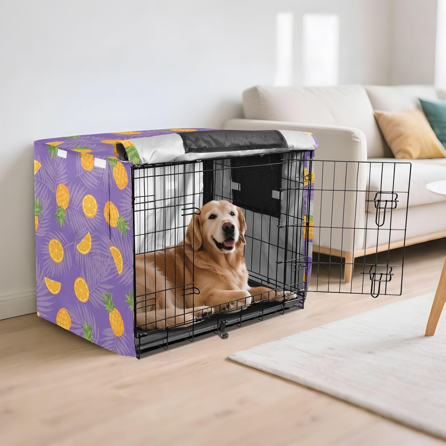 Tropical Pineapples Dog Crate Cover 600D Oxford Pet Kennel Cover with Mesh Window for Dog Cages, Windproof Waterproof Machine Washable, 42"x28"x30"
