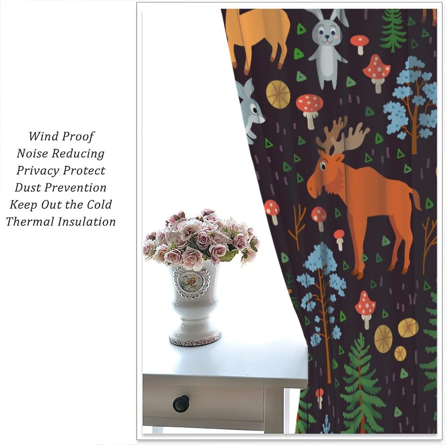 Kids Animal Curtains,Cartoon Forest Woodland Mushroom Cute Jungle Elk Rabbit Deer Print Window Treatments for Boys Girls Bedroom Living Room Nursery Study 2 Panels Total Size 42 x 63 Inch