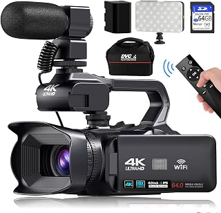 VETEK 4K Camcorders Video Camera, 64MP 60FPS Vlogging Camera for YouTube Auto Focus Camcorder, 4 Inch Touch Screen 18X Digital Zoom with WiFi, Microphone, 64G SD Card, Fill Light & Battery