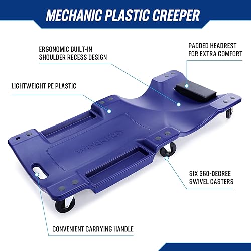 Miniatura 3 de WORKPRO Mechanic - Enredadera de plástico de 40 pulgadas con reposacabezas acolchado, capacidad de 330 libras, con 6 ruedas giratorias, color azul