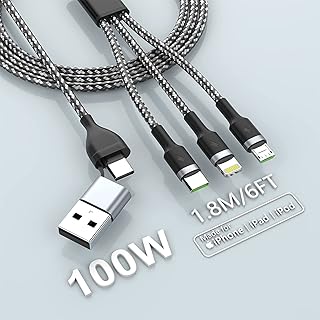 100W USB C Multi Fast Charging Cable, 6FT 6A USB C/A to Multi Charging Cable, 5 in 1 Braided Multi Charging Cable with Lightning/Type C/Micro USB Universal Sync Charger Adapter for Phone