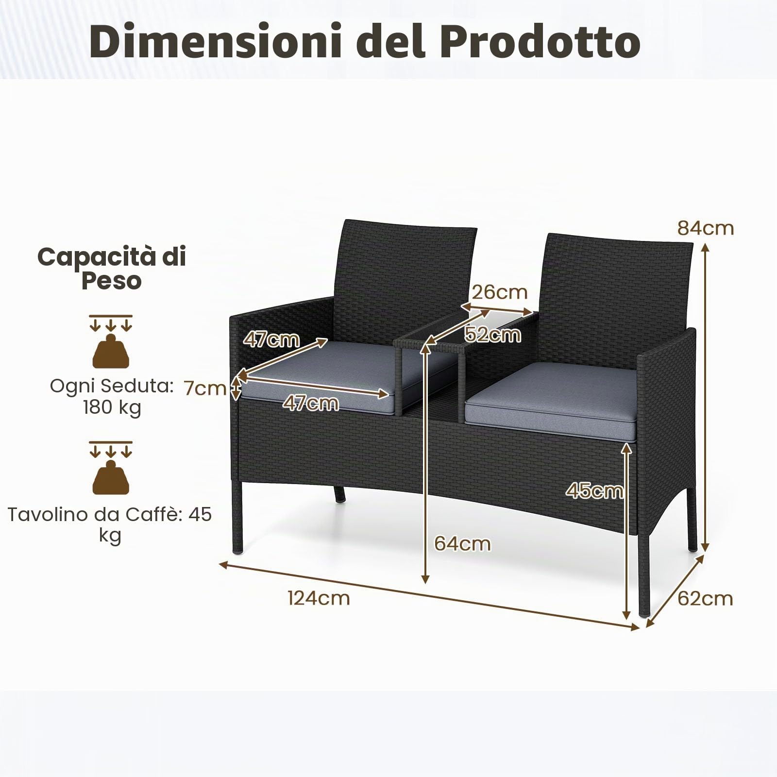 LIFEZEAL Tavolo e poltrona da giardino per 2 persone, panca a 2 posti con cuscino, panca per balcone e terrazza (grigio)