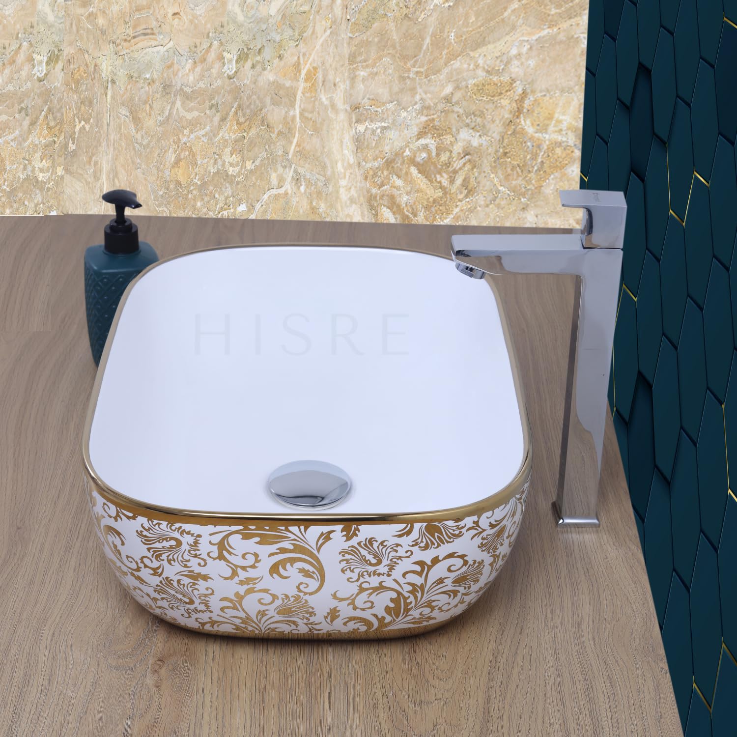 HISRE Table Top Wash Basin For Bathroom | Over Counter Top Wash Basin For Living Room | Washbasin Countertop | Tabletop Ceramic Bathroom Kitchen Sink (Style_8) SKT STONE WHITE, photo 3 of 4