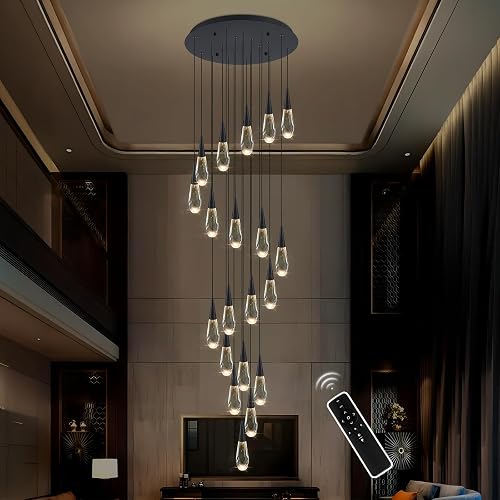 Crystal Staircase Raindrop Chandeliers for High Ceiling Dimmable