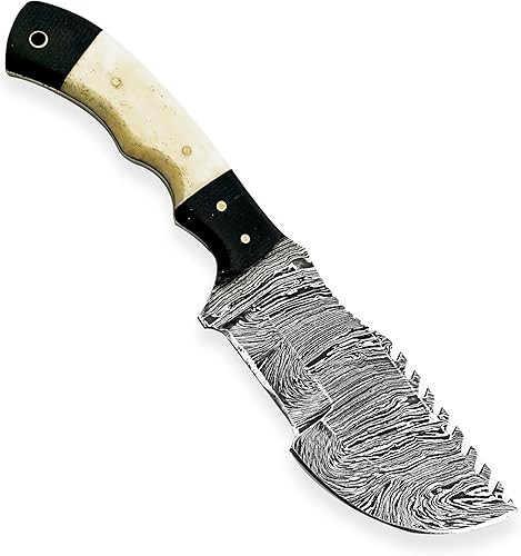 Miniatura 4 de LOWIN - Cuchillo de caza hecho a mano de acero de damasco con mango G10, diseño de transporte de explorador, funda de cuero de búfalo y piedra de