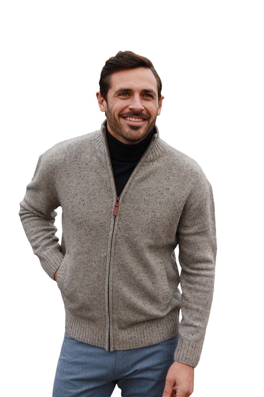Aran Woollen Mills Lambswool/Nylon Men's Troyer Full Zip Sweater (Seashore, Large)