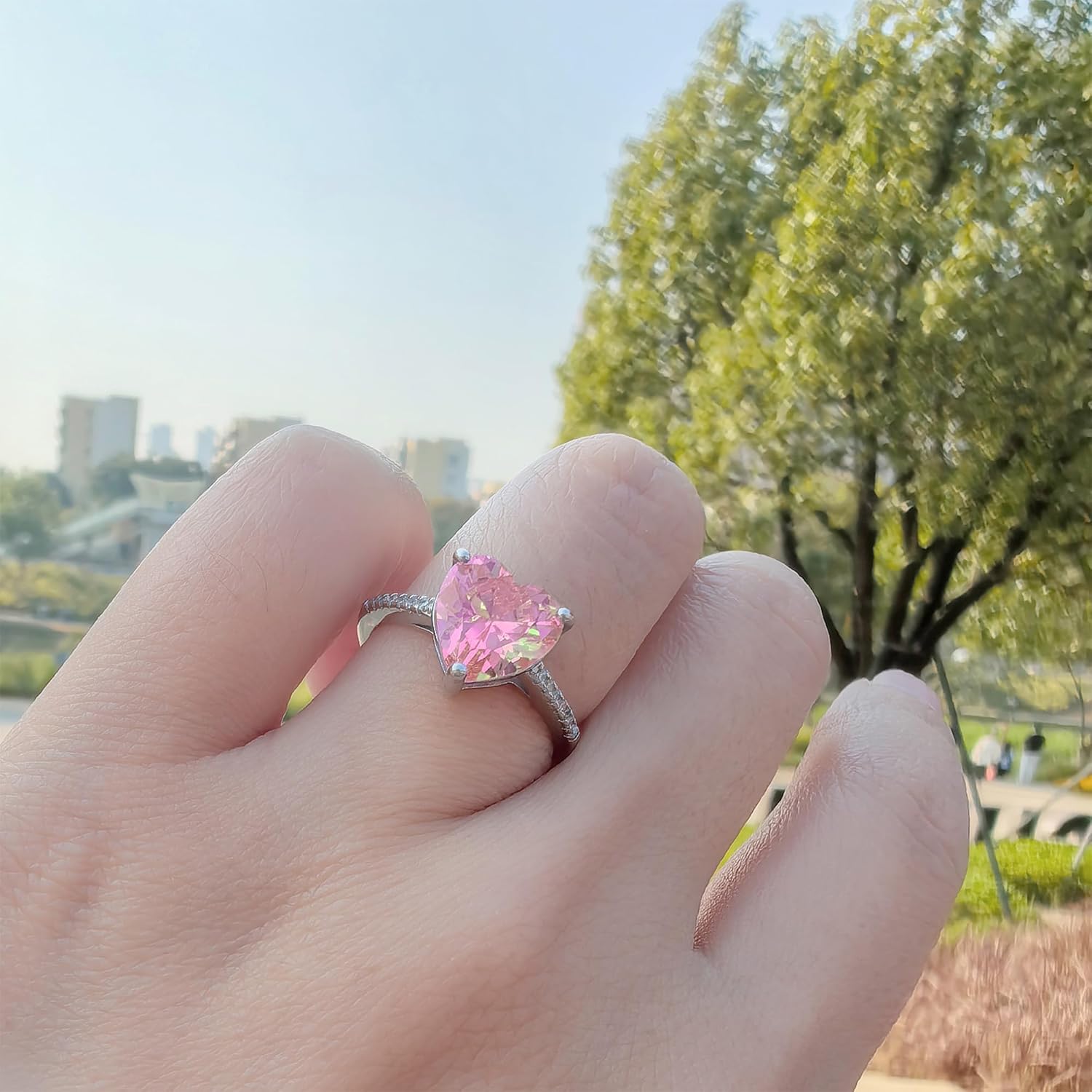 3ct Solitaire Pink Heart Sterling Silver Engagement Rings For Women,Dainty Love Anniversary Jewelry,Non Tarnish Cubic Zirconia Wedding Ring For Her,18K White Gold Plated Promise Ring Adjustable - Image 2