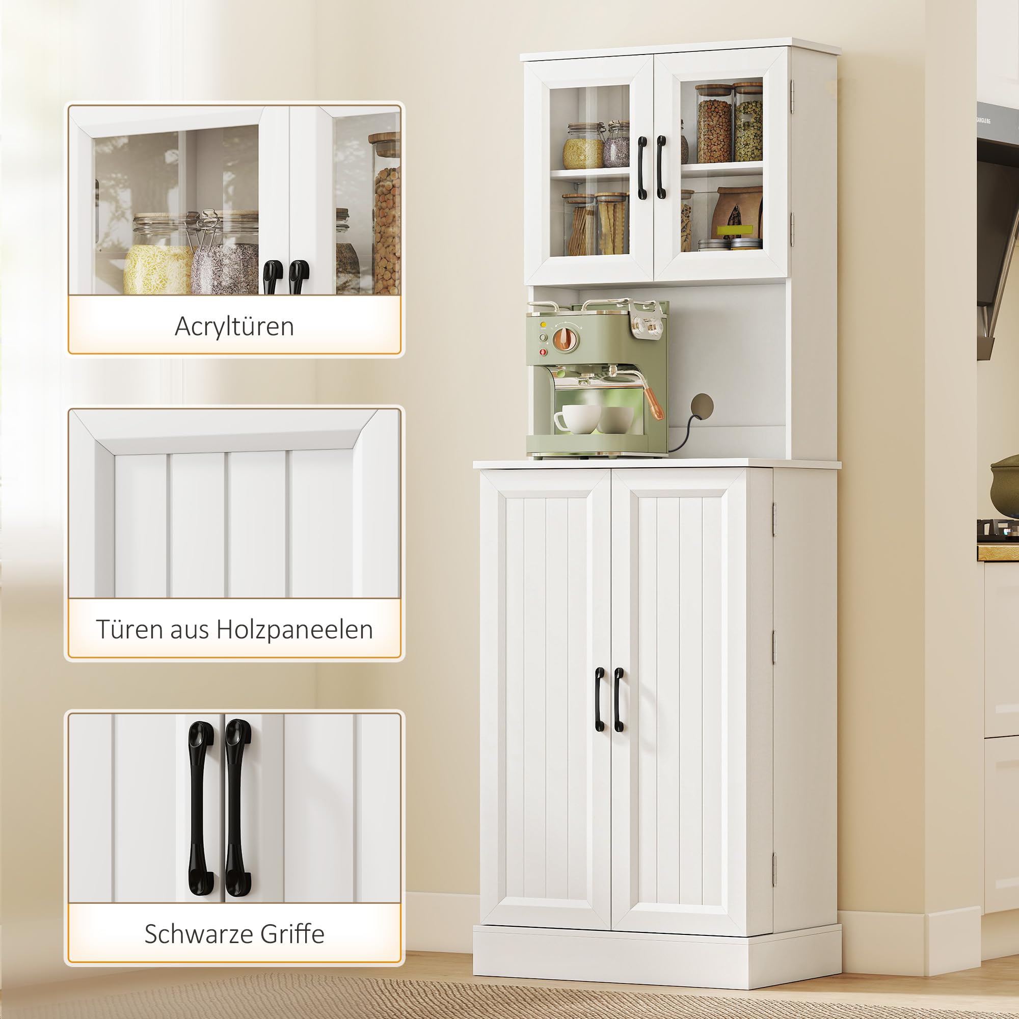 HOMCOM Küchenschrank mit 4 Türen Arbeitsplatte 60 x 39,5 x 180 cm Weiß