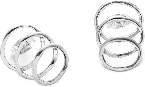 Vista 3 de Aretes de plata de ley 925 hechos a mano, tres en uno, apilados, ovalados, diseño geométrico ligero, acabado pulido (0.8 in de largo)