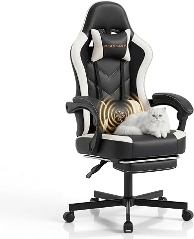 Desk Computer Gaming Chair with Footrest and Lumbar Support, White Leather