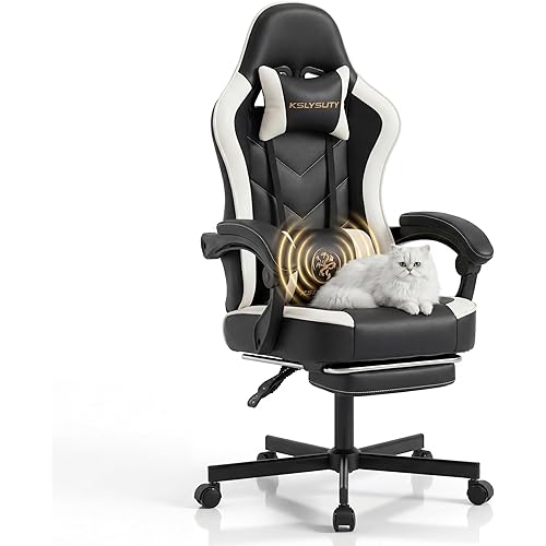 Desk Computer Gaming Chair - High Back Ergonomic Office Chair with Footrest and Lumbar Support, Swivel Comfy Home Gamer Video Game Chairs with Pocket Spring Cushion for Adults (White Leather)