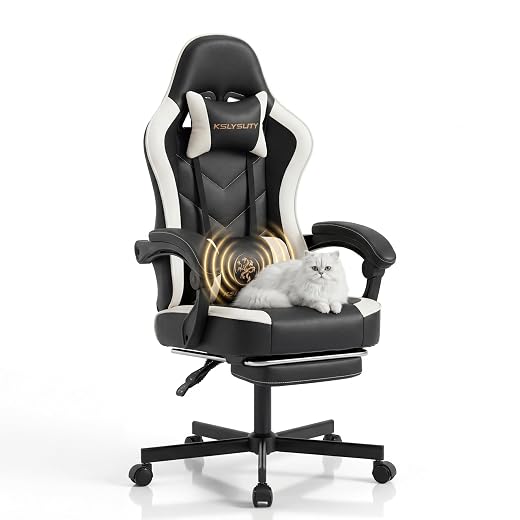 Desk Computer Gaming Chair - High Back Ergonomic Office Chair with Footrest and Lumbar Support, Swivel Comfy Home Gamer Video Game Chairs with Pocket Spring Cushion for Adults (White Leather)