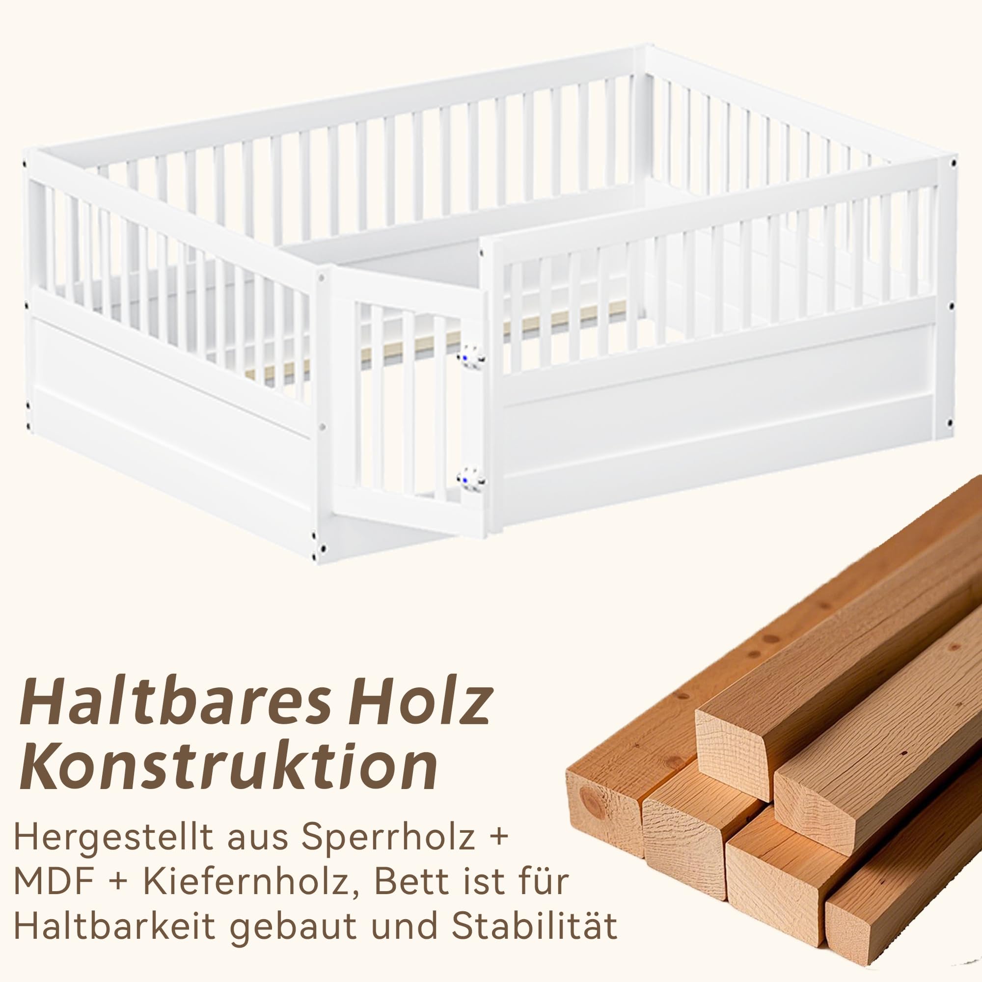 Kinderbett 140x200 cm, Montessori Bodenbett aus Holz mit Gitter und Tür, Kinder Bettgestell mit Rausfallschutz, Niedriges Holzbett für Kinderzimmer, Jungen Mädchen, Weiß