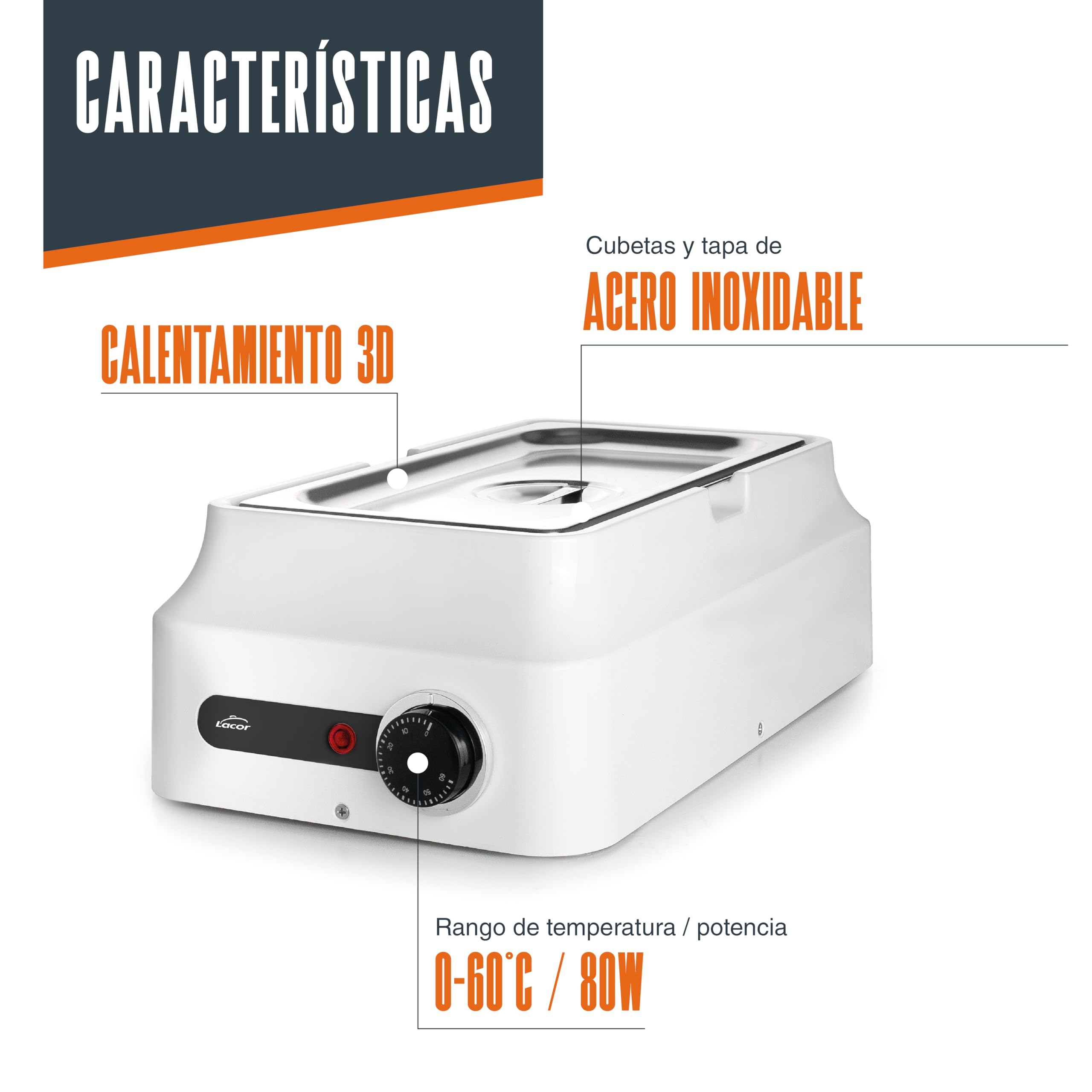 Lacor - 69618 - Baño María Chocolate, White, 3,8 L, Acero Inoxidable 18/10, 80W, Termostato Regulable 0-60ºC, Fundidor y Atemperador de Chocolate Profesional, Calentamiento 3D