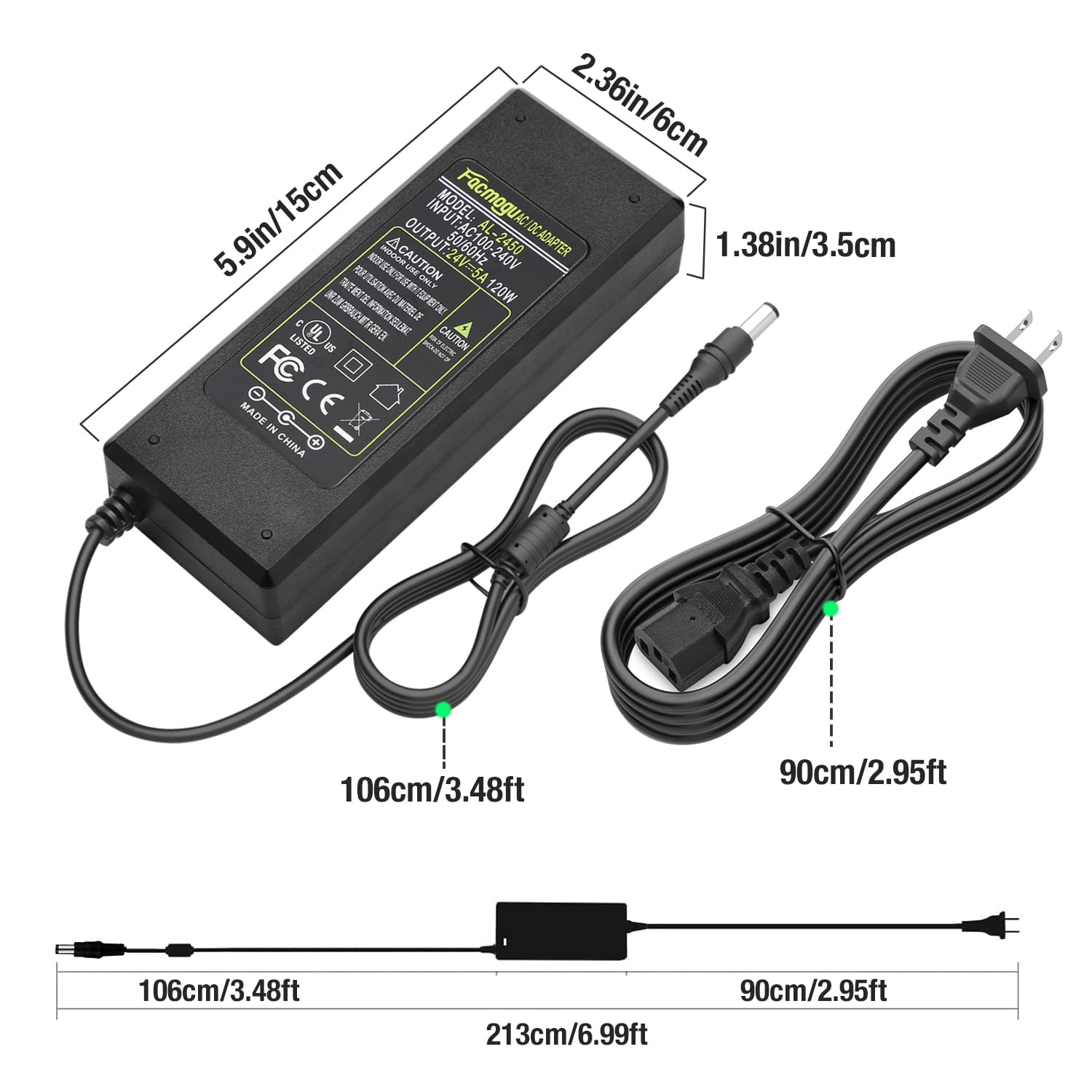Facmogu 24V 5A Power Adapter, 120W 110-240V AC to DC 24V