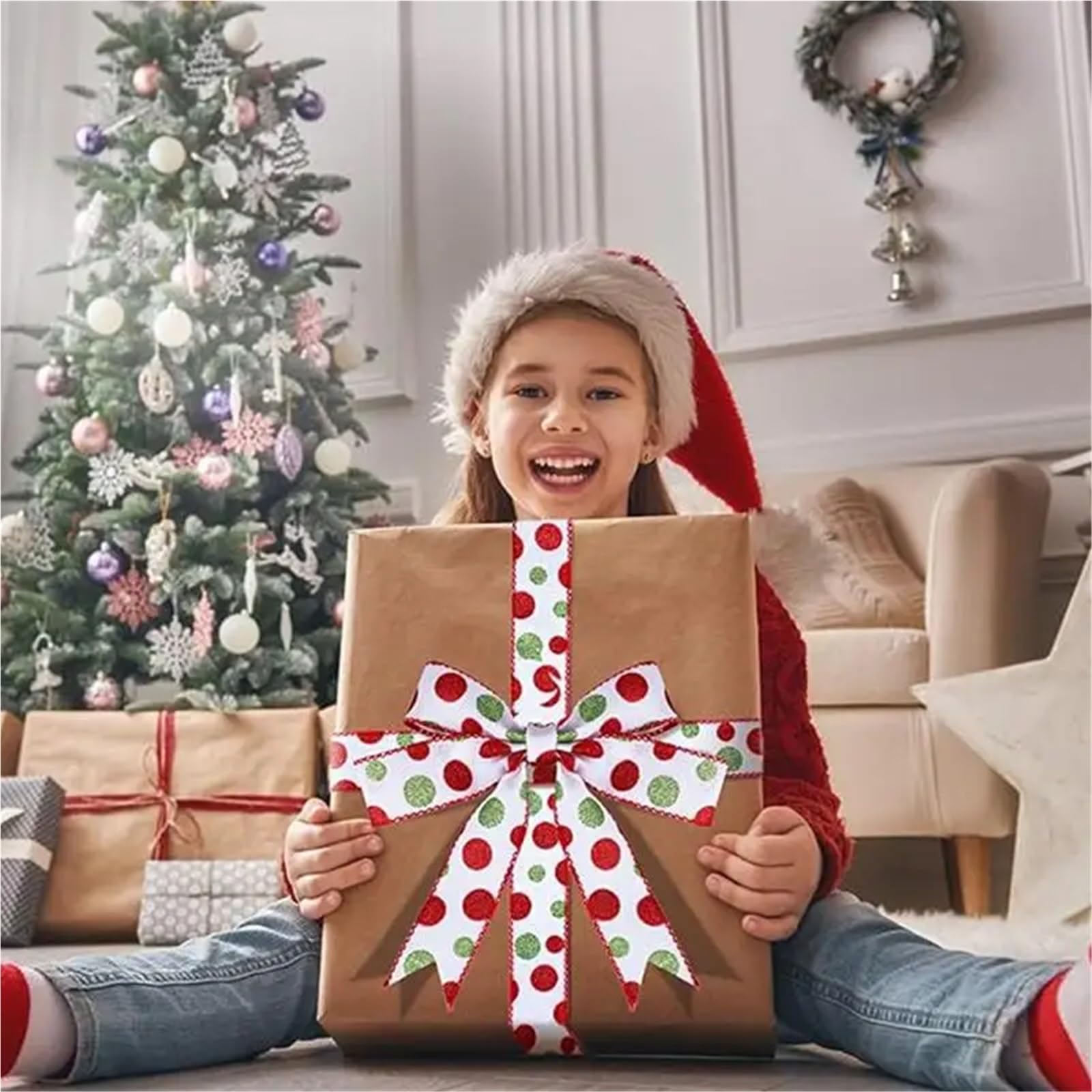 Burlap Roll Ribbon, Jute Stoff Crafts Ribbon, 20 m Sackleinen-Drahtband, Weihnachtskranzband, Punktdruck, Geschenkverpackungsband, Mehrzweck-Weihnachtsband, Weihnachtshandwerk(2)