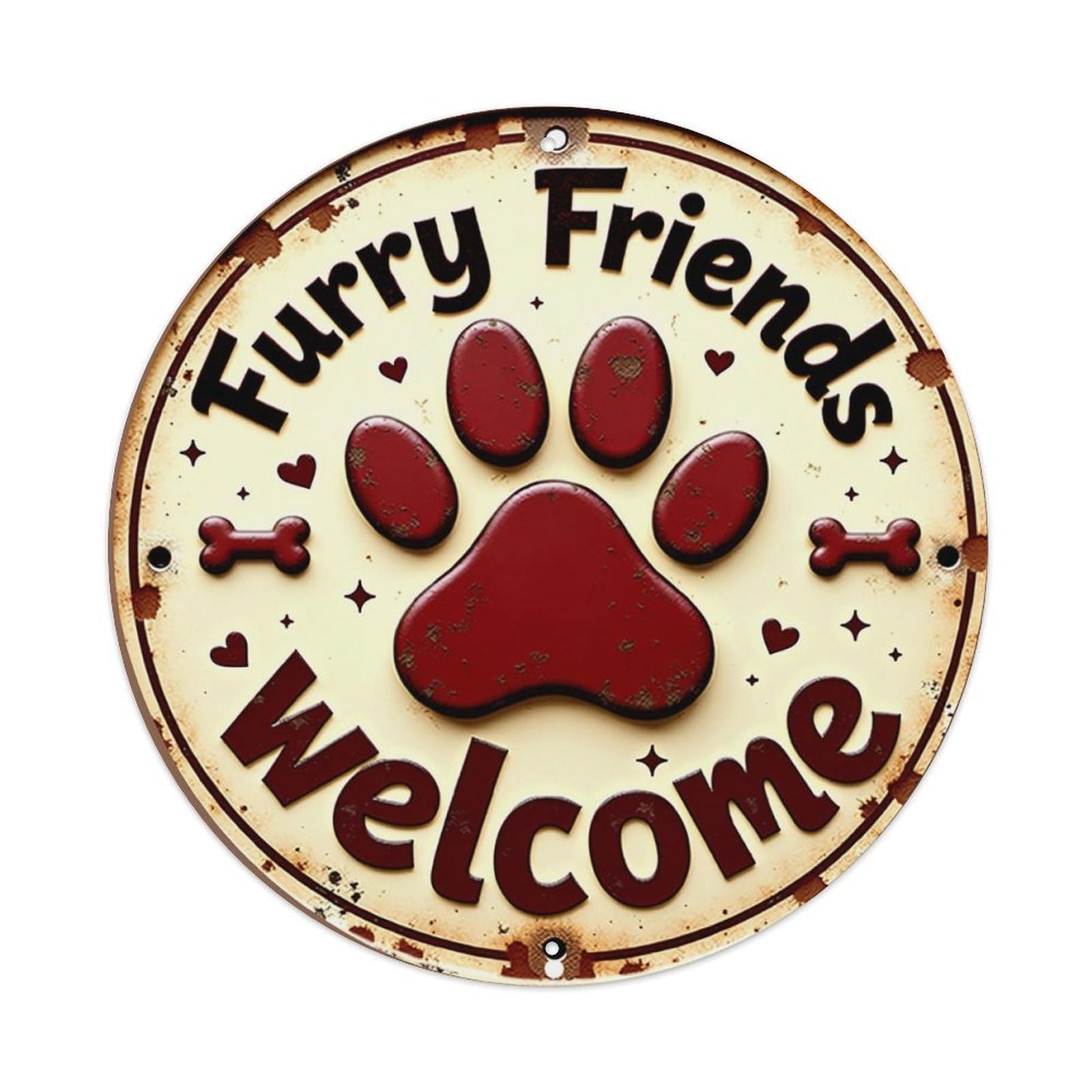 Furry Friends Welcome Paw Print Round Metal Tin Sign Vintage Wall Decor, Bar Garage Cafe Kitchen Home Wall Art Poster 8x8inches