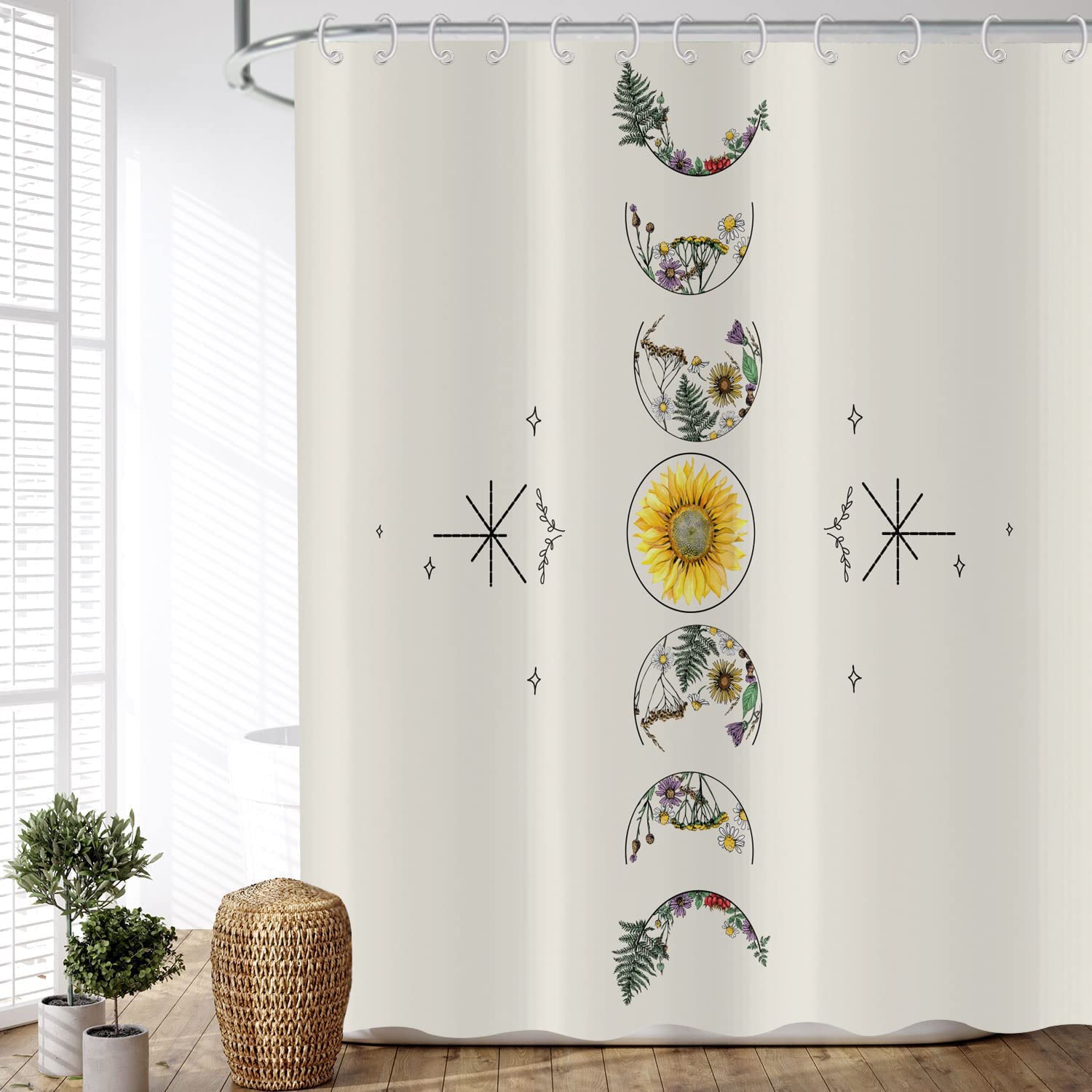 ASDCXZ Shower Curtain Beige 165x180 cm, Mid Century Abstract Sun Moon Sunflower Colorful Flower Leaves Washable Shower Curtains Polyester Textile Waterproof Shower Curtain for Bathtub with 12 Hooks — image 1