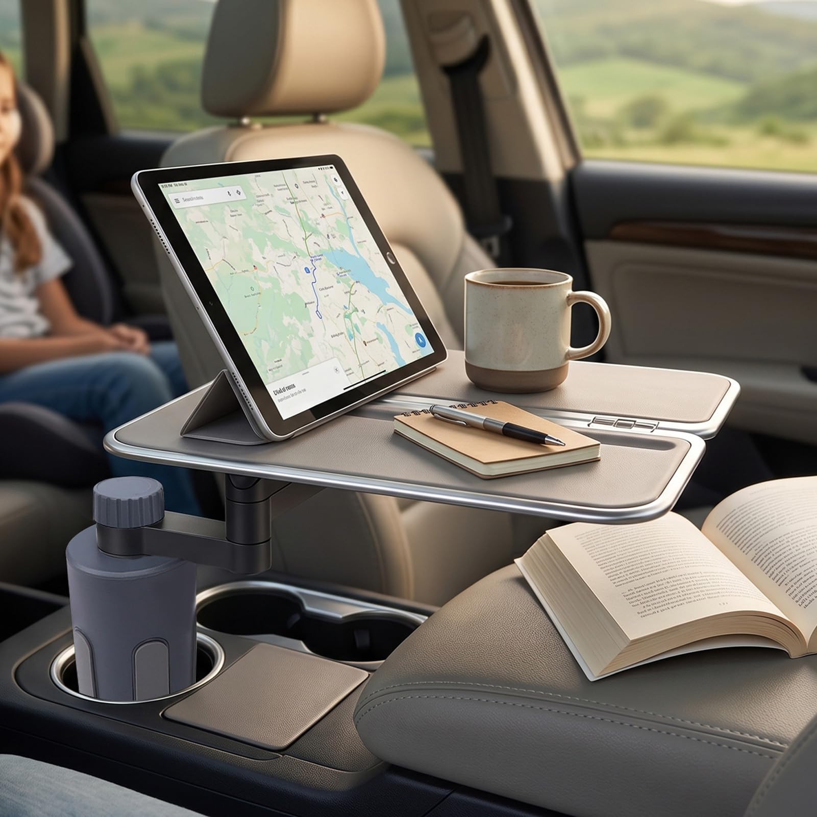 Ausla Auto-Getränkehalter-Tablett, Faltbar, Auto-Essenstablett mit Getränkehalter, 360° Drehbarer -Schreibtisch und Telefonständer für Optimalen Komfort