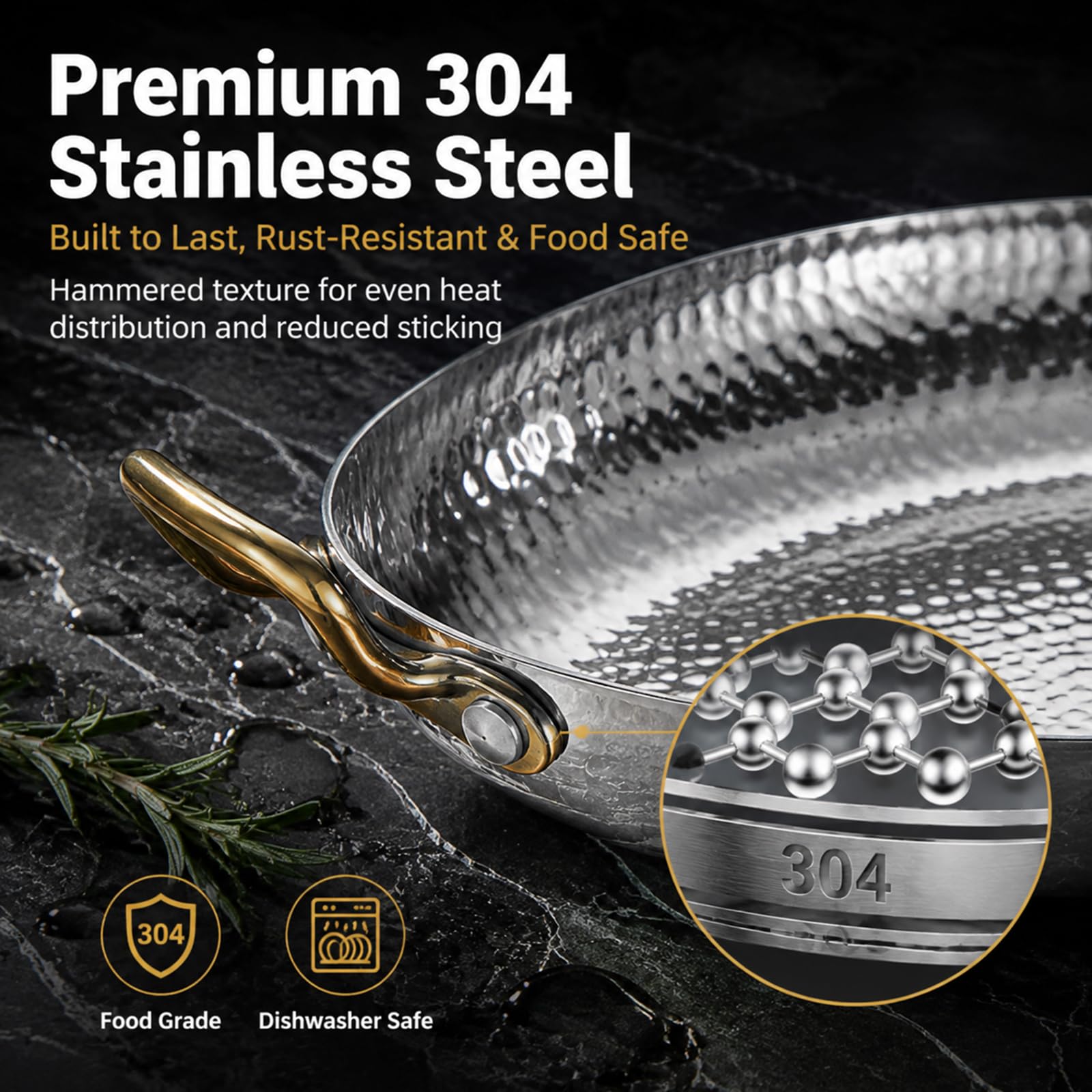 Paellera de Acero Inoxidable 304, sartén Ovalada española para mariscos con Asas Dobles, Cacerola arrocera con Fondo Martillado para hogares o restaurantes,Plata,40cm