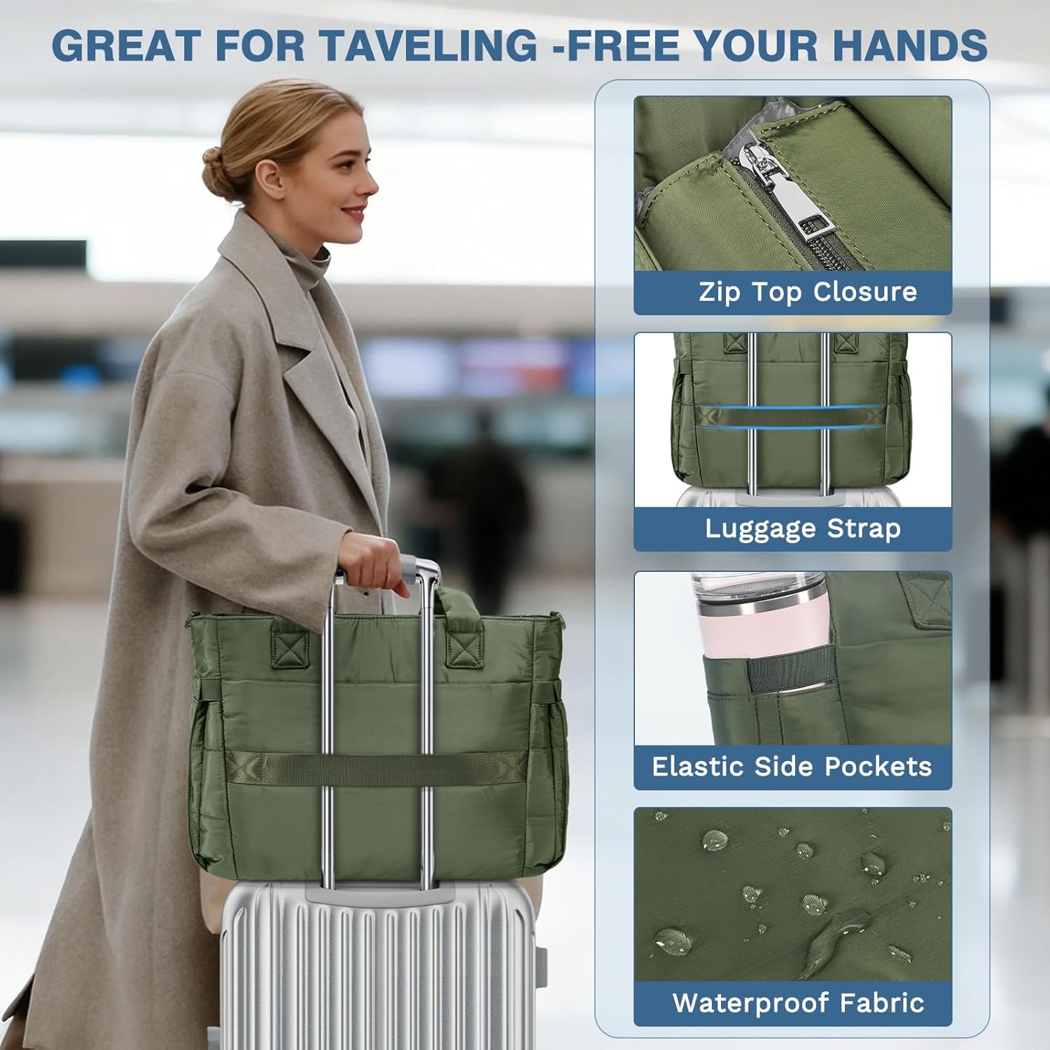 RAINSMORE Tote Bag for Women with Cup Holder, Puffer Work Bag, 15.6 inch Quilted Laptop Handbag for Work, Travel, Teacher - Image 6