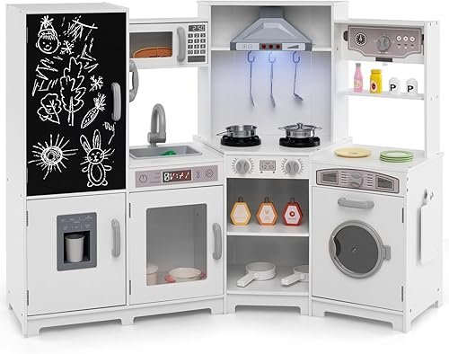 Miniatura 9 de Costzon Juego de cocina de esquina para niños, cocina de juguete de simulación con fregadero y grifo, sistema de circulación de agua, máquina de