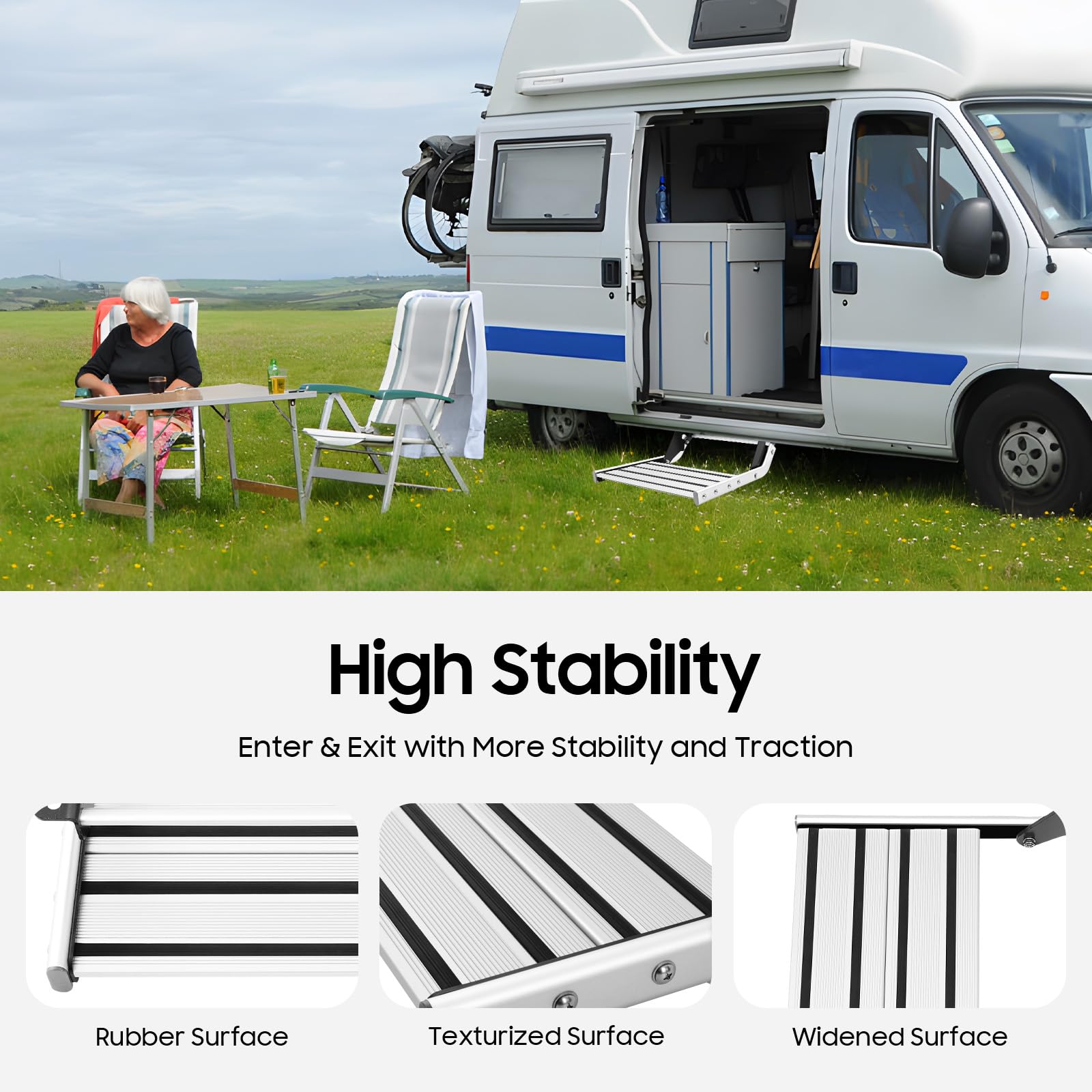 Peldaños de aluminio para autocaravana con tiras antideslizantes, escalones manuales para montaje en autocaravanas, con una capacidad de carga de 150 kg, peldaños plegables