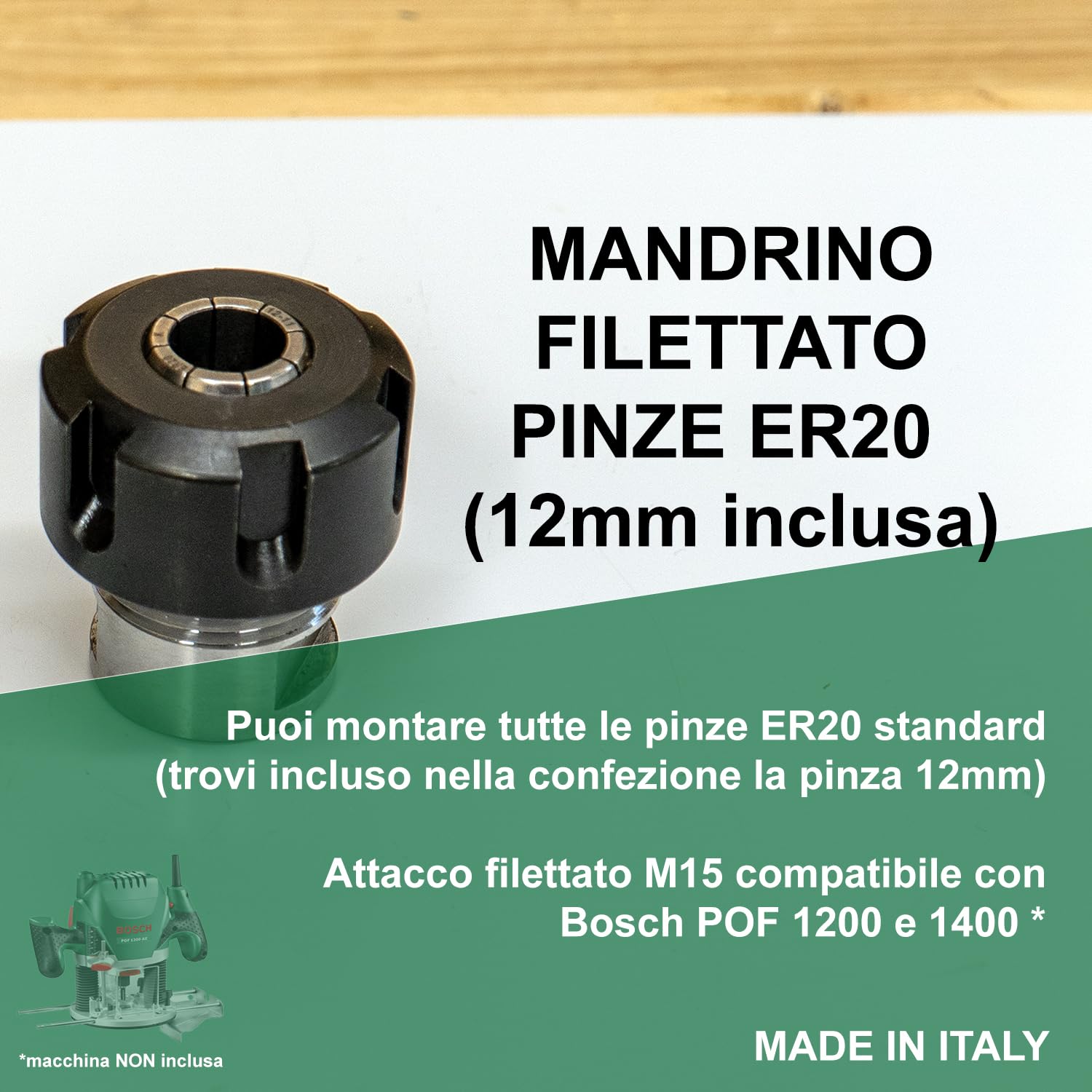 Fraiser Mandrino compatibile con fresatrice verticale Bosch POF 1200-1400 ER20 con attacco 12mm per fresatura del legno - accessori frese legno