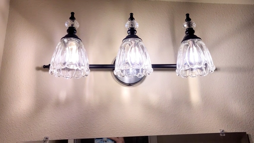 Image of Matte Black Bathroom Vanity Light, Farmhouse Bathroom Light Fixtures Over Mirror, 3 Light Vanity Lighting Fixtures, Flower Glass Shade Wall Sconce Lighting